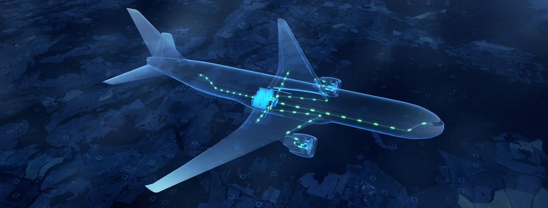 Airbus conceptual visual of a hybrid-electric aircraft with illuminated electrical systems